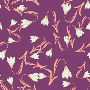 Abstract botanic seamless pattern with doodle harebell elements. Purple backg 스톡 일러스트