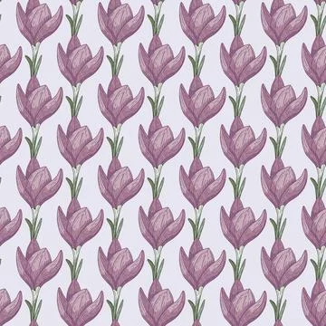 Abstract botanic seamless pattern in hand drawn style with crocus flowers out Stock Illustration