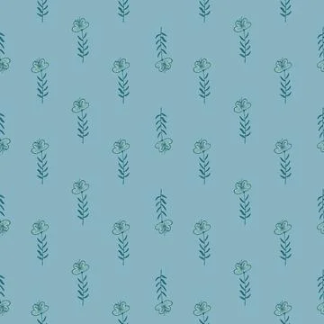 Abstract botanic seamless pattern with little flowers outline ornament. Blue  스톡 일러스트