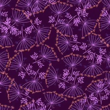 Abstract botanic seamless pattern with random dill umbrella ornament. Purple  Stockillustratie