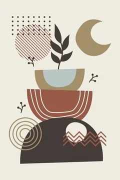 Abstract Botanical Composition with Organic Shapes and Geometric Elements Stock Illustration