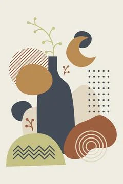 Abstract Botanical Composition with Organic Shapes and Geometric Elements Stock Illustration