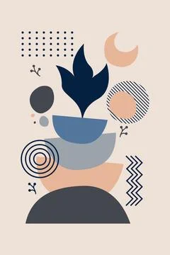 Abstract Botanical Composition with Organic Shapes and Geometric Elements Stock Illustration