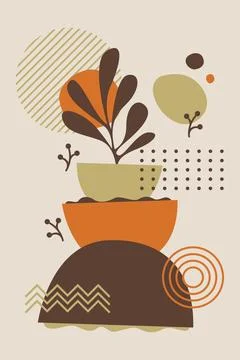 Abstract Botanical Composition with Organic Shapes and Geometric Elements Stock Illustration