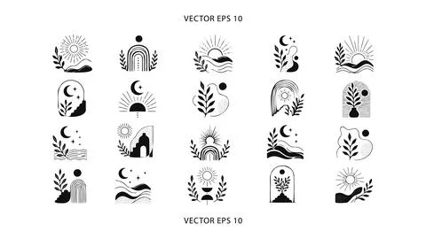 Abstract Botanical Decorative Hand Drawn Icon Collection Set Stock Illustration