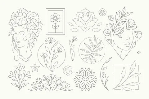 Abstract botanical flower decorative elements monochrome set vector illustrat 库存插图