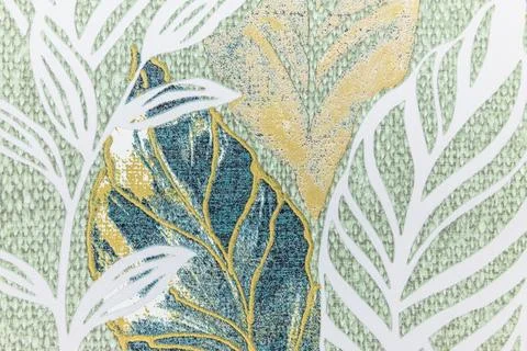 Abstract Botanical Leaf Pattern with Gold Accents on Sage Green Textured Stock Photos