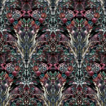 Abstract botanical multicolor pattern with flowers and herbs on a black 스톡 일러스트