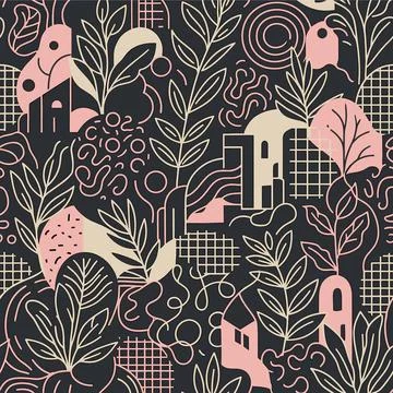 Abstract Botanical Pattern with Geometric Shapes and Organic Lines. Illustrazione stock