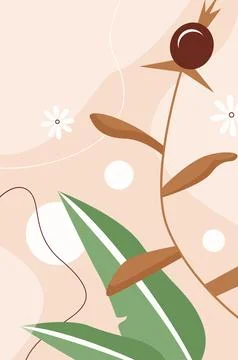 Abstract botanical pattern with green leaf, rosehip and white flowers Stock Illustration