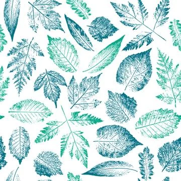 Abstract botanical pattern. Seamless print composed of blue and green stamps  Stock Illustration