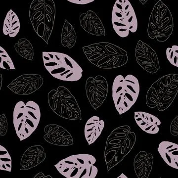 Abstract botanical pattern. Seamless print composed of violet line and silhou Stock Illustration