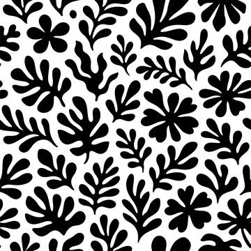 Abstract Botanical Seamless Pattern with Black Organic Leaves and Floral Sh.. Stock Illustration