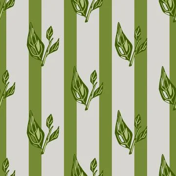 Abstract botanical seamless pattern with contoured leaf branches. Striped gre Illustrazione stock