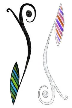 Abstract Branch with a Leaf Drawn by Colored Pencils. Stock Illustration