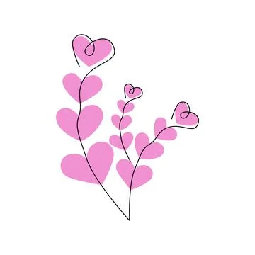 Abstract branches from one line drawing with hearts in trendy soft pink shades Illustrazione stock