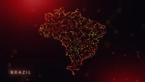 Abstract Brazil Map Digital Network Background With Red And Orange Plexus Dot Stock Illustration