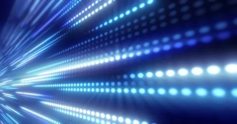 Abstract bright blue background pattern of flying circles of dots and glowi.. Illustrazione stock