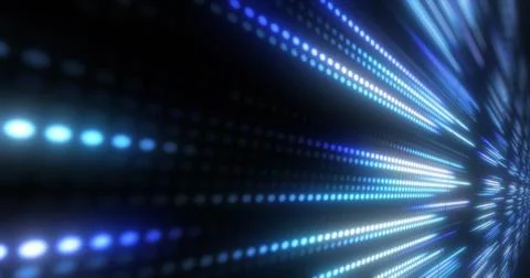 Abstract bright blue background pattern of flying circles of dots and glowi.. Foto stock