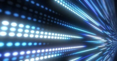 Abstract bright blue background pattern of flying circles of dots and glowi.. Stock Photos