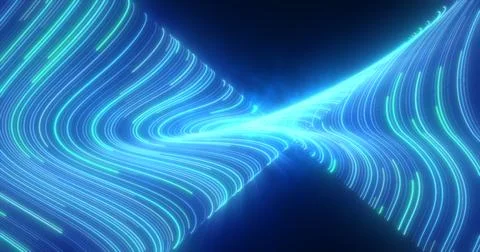 Abstract bright blue glowing flying waves from twisted lines energy magical b Stock Illustration