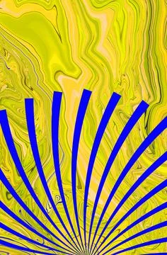 Abstract bright fluid yellow background. Swirling blue rays. Art trippy Illustrazione stock