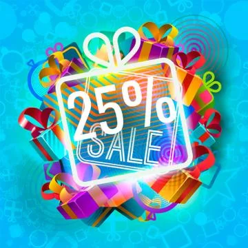 Abstract bright giftboxes and 25 percent sale neon announcement on blue backg Stock Illustration
