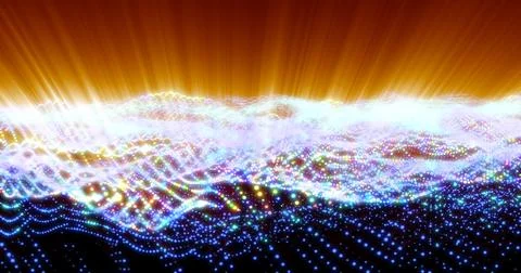 Abstract bright glowing blue rays waves and lines from particles and dots in  Stock Illustration