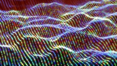 Abstract bright glowing multicolored rainbow waves and lines from particles.. Stock Illustration