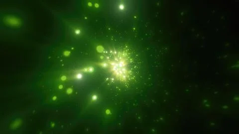 Abstract bright green glowing background with flying dots circles bokeh ene.. Fotos de archivo