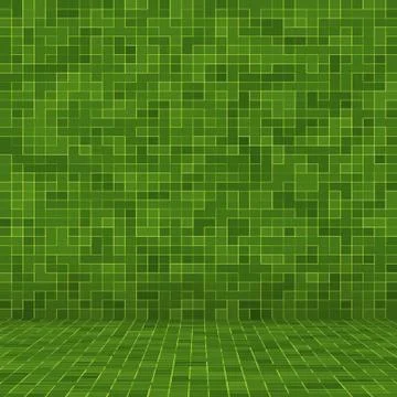 Abstract bright green square pixel tile mosaic wall background and texture. Stock Illustration