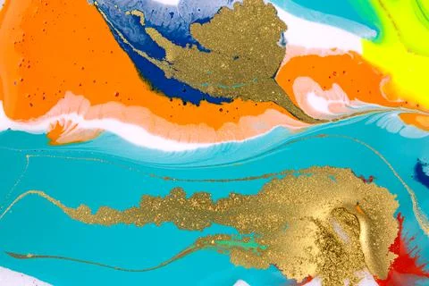 Abstract bright marble pattern with golden glitter. Fluorescent artwork liquid Illustrazione stock