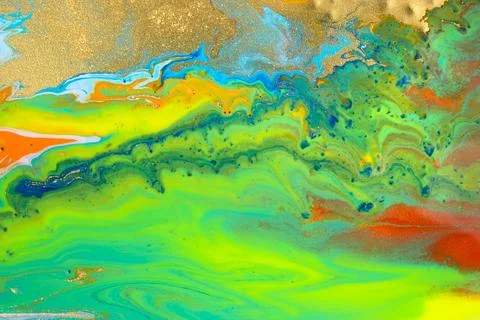 Abstract bright marble pattern with golden glitter. Fluorescent artwork liquid Stock Illustration