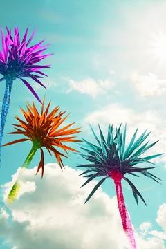 Abstract bright multicolored palms on a background of blue sky with clouds. Stock Photos