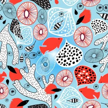Abstract bright pattern with coral and fish 스톡 일러스트