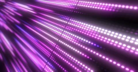 Abstract bright purple background pattern of flying lines of dots and glowi.. Illustrazione stock