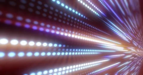 Abstract bright purple background pattern of flying lines of dots and glowing Stock Photos