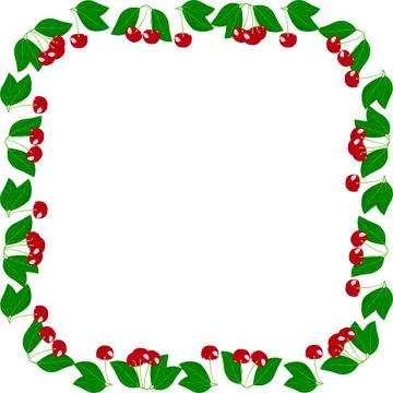 An abstract, bright, square, green frame with cherries and leaves. White bac Stock Illustration