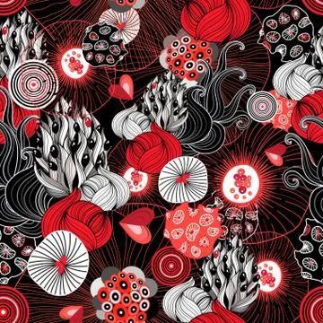 Abstract bright unusual pattern with hearts and plants Stock Illustration