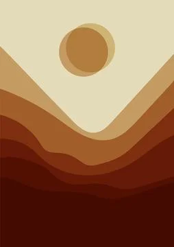 Abstract brown boho mountain landscape poster. Sun and mountains, minimalist Stock Illustration