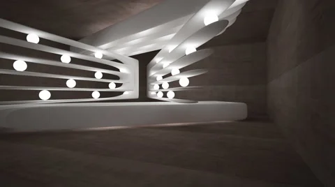 Abstract brown concrete interior with luminous spheres and white streamlined scu Video stock 69045146