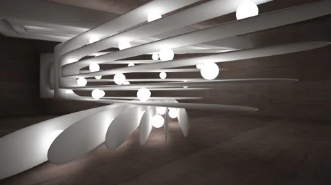 Abstract brown concrete interior with luminous spheres and white streamlined scu Video stock 69045236