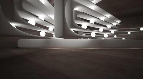 Abstract brown concrete interior with luminous spheres and white streamlined scu Vídeo Stock 69059228
