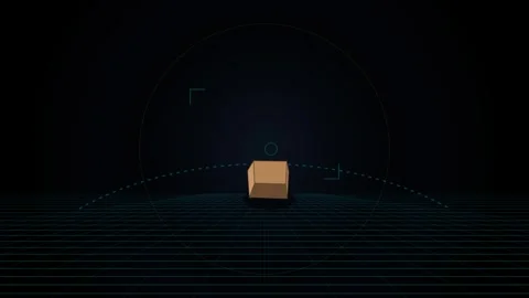 Abstract brown cube rotating in circular trajectory on digital grid backgro.. Stock Footage 347268015