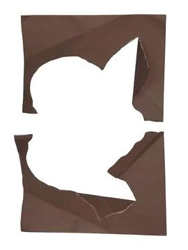 Abstract brown torn paper with cut out shapes on transparent grid background. Stock Photos