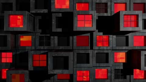 Abstract Brutalist Concrete Wall with Glowing Red Windows Stock Footage 333836871