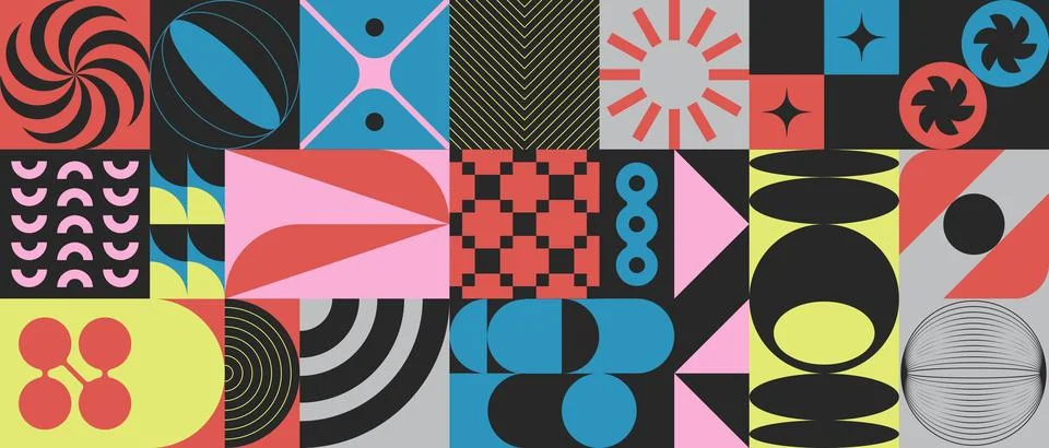 Abstract brutalist modern geometric pattern with futuristic shapes Stock Illustration