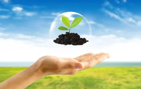 .abstract bubbles against   symbol of environmental protection on hand Stock Illustration