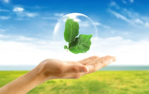 .abstract bubbles against   symbol of environmental protection on hand Stock Illustration