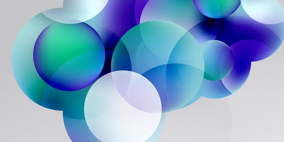 Abstract bubbles overlap, creating vibrant gradients. Blue, green, purple hue Stock Illustration